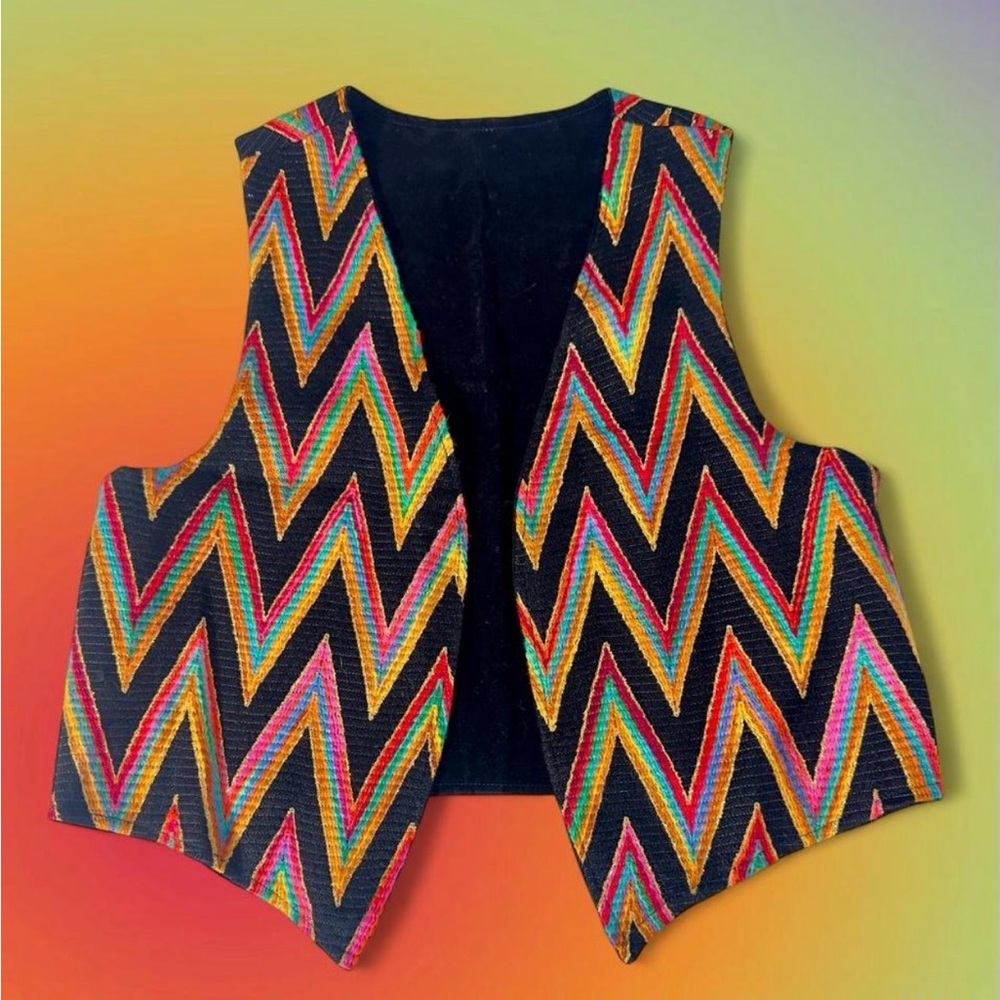 ✨Vintage✨ handmade open vest  embroidered in vibrant rainbow zigzag
